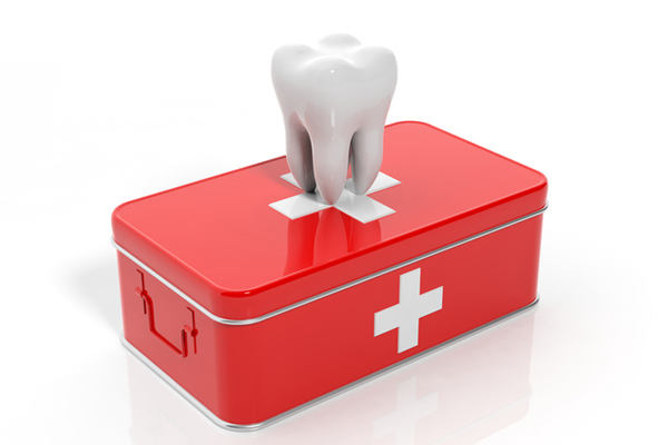 Rendering of a tooth on a red emergency kit.